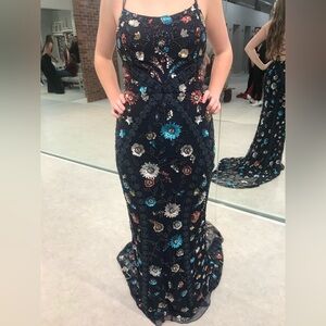 Sherri Hill Navy Floral Embroidered Prom Dress